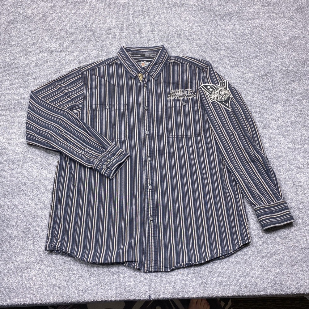 Harley-Davidson Shirt Mens Large Navy Blue Striped Embroidered Long Sleeve Biker